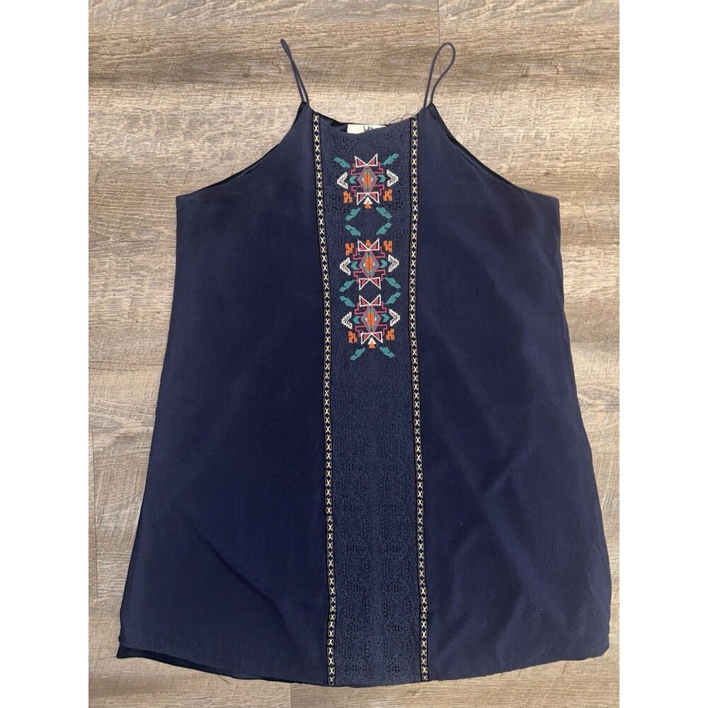 Ya Los Angeles Embroidered Dress Womens Large Navy Blue Aztec Boho Cotton Blend